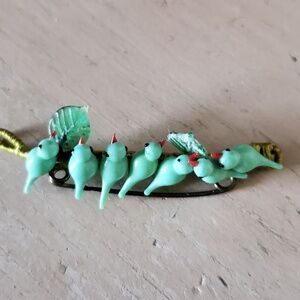 Vintage Rare Murano Glass Blue Birds In A Row Leaves Pin Brooch